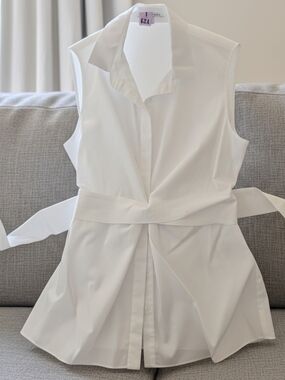 Tahari Womens Sleeveless White Tie-Waist Shirt Dress Size Small